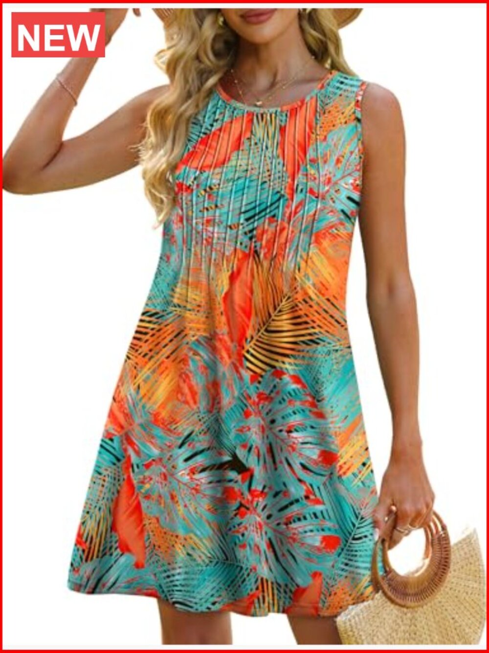 Tropical Print Sleeveless Shift Dress in Teal & Orange - Picture 4 of 6